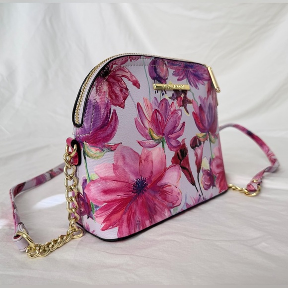 Steve Madden Purple Floral Tropical Print Dome Crossbody Purse - Picture 5 of 16